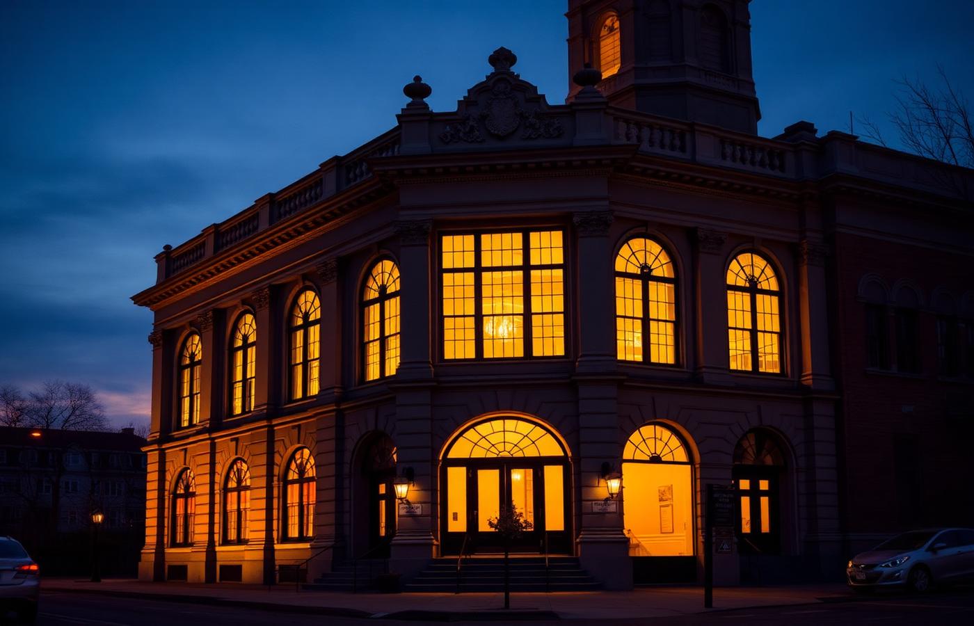 Historic municipal building in downtown St. Charles, Illinois at dusk